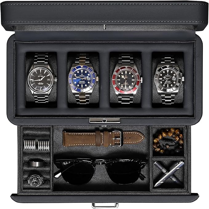 ROTHWELL 4 Slot Leather Watch Box with Valet Drawer - Luxury Case Display Jewelry Organizer, Locking Display Case Holder with Real Glass Top - Watch Box Organizer for Men & Women (Carbon)