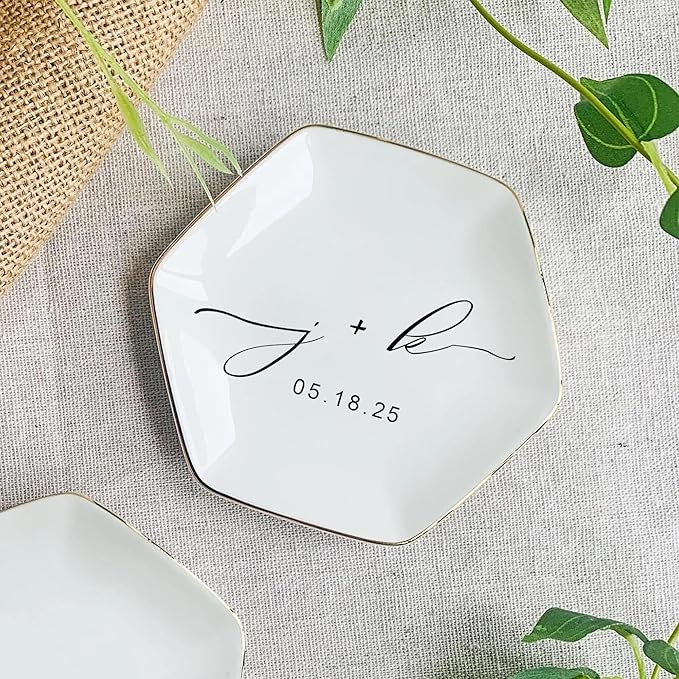 Custom Engagement Ring Holder Ring Dish, Custom Wedding Gifts for Couple, Bridal Shower Couple Jewelry Tray, Monogrammed Engagement Wedding Gifts for Bride 2