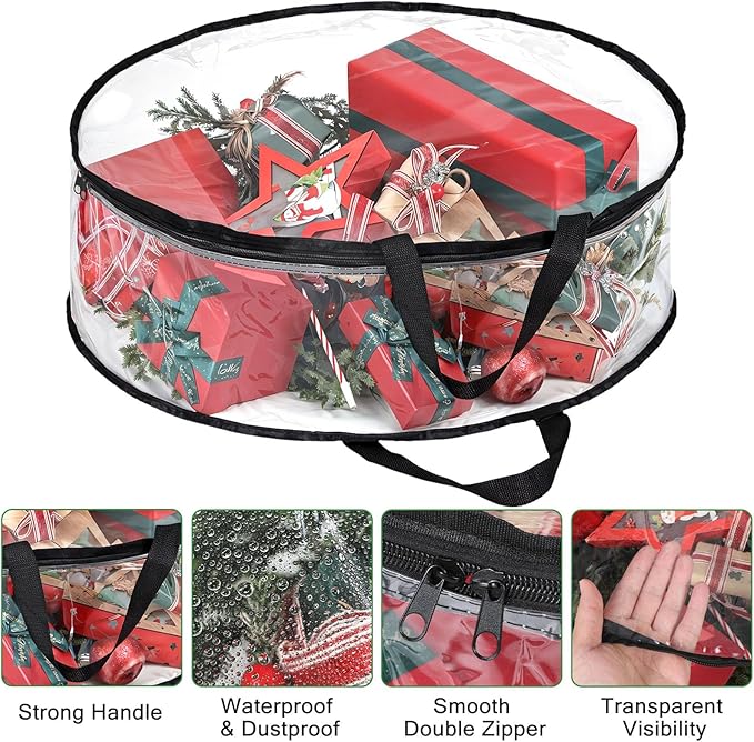 4 PCS Clear Wreaths Storage Bag, 24x8 Inch Christmas Wreaths Storage Container, Heavy Duty PVC Wreath Protector with Handle for Xmas Holiday Seasonal Wreath Garland (Black)
