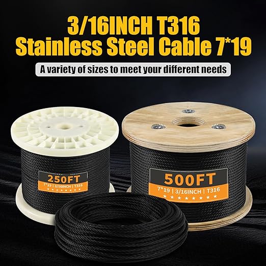 T316 Black 3/16IN Stainless Steel Cable, 100ft Wire Rope, 7X19 Strands Aircraft Cable, 3700lbs Breaking Strength, Zip Line for Heavy Duty Applications, Deck Railing, String Lights & Yard Zipline