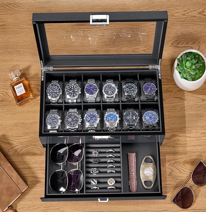BEWISHOME High-End Watch Case, 12-Slot Wooden Watch Box with Valet Drawer, 2-Layer Watch Organizer Watch Display Case for Jewelry, Watch Storage Holder for Men Women Black SSH02A