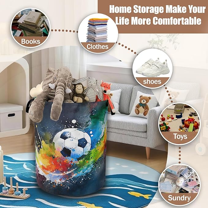Abstract Soccer Laundry Basket,Waterproof Foldable Watercolor Ball Laundry Hamper,Dirty Clothes Basket, Linen Bin Storage Organizer Collection 16" x 20.8"