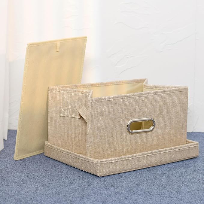Collapsible Fabric Storage Box with Lid and Handles, Linen Storage Containers, Nursery Storage Basket for Gifts, Books, Magazines, CDs, Kids Toys, Clothes, Underwear, Makeup, 13" x 9.4" x 7", Beige