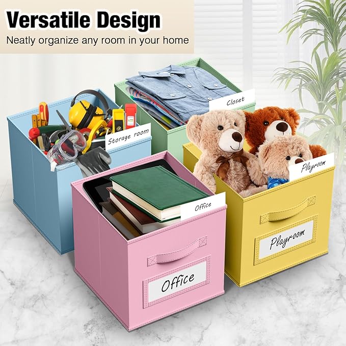 10 Pcs Fabric Storage Cubes with Labels 13 Inch Collapsible Cube Organizer Baskets with Window Cards for Shelf Nursery Clothes Book Toys Storage Bin(Macaroon)