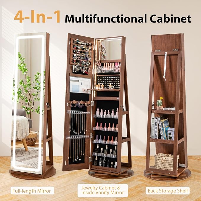 GOFLAME 360° Swivel Jewelry Cabinet Armoire with Full Length Mirror, Standing Jewelry Storage Organizer with Rear Storage Shelves, 3-Color LED Lights, Foldable Shelf, Interior Mirror, Walnut