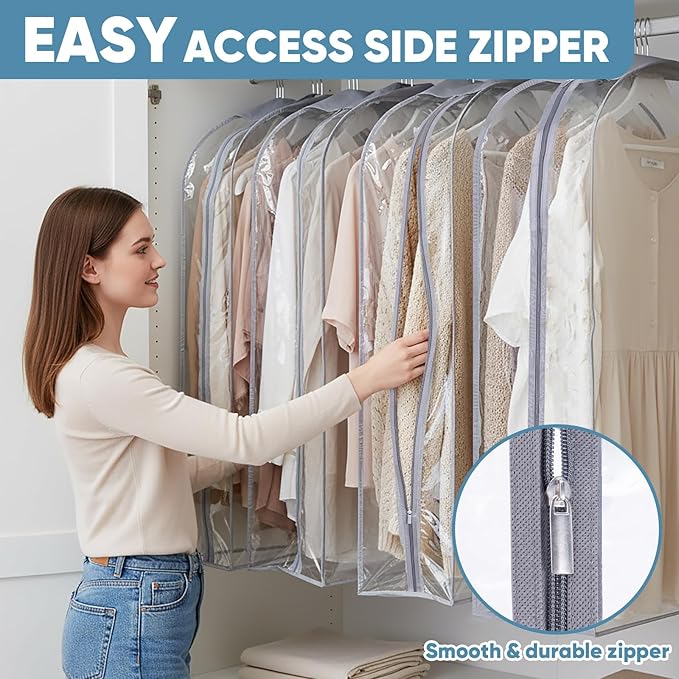 BALEINE 40'' Clear Garment Bags for Hanging Clothes, 10.5'' Wide PEVA Suit Bag for Closet Clothes Dresses Coat (Clear, 6PK)