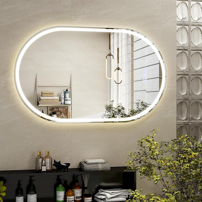 BEAUTYPEAK 36x24 LED Oval Bathroom Mirror with Lights, Anti-Fog, Dimmable, Backlit + Front Lit, Lighted Bathroom Vanity Mirror for Wall, 3 Colors, Memory Function, Tempered Glass, Shatter-Proof