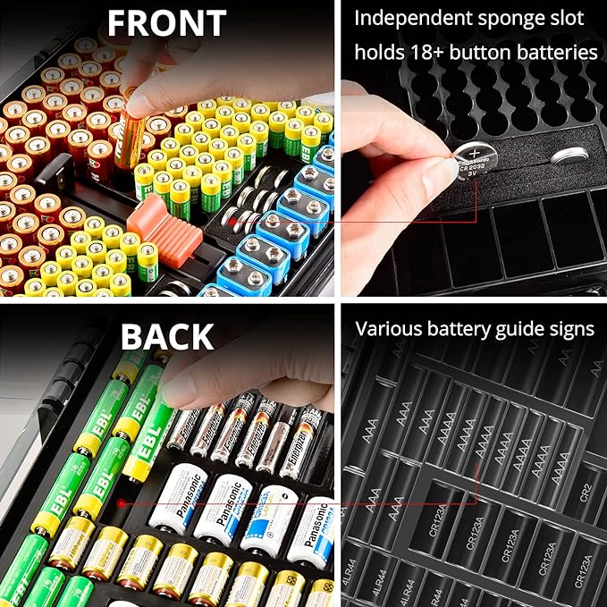 Battery Organizer Storage Holder Box Case with Tester- 269 Batteries Double-Sided Variety Pack, Holds AA AAA 4A C D Cell 9V 3V Lithium LR44 CR2 CR123 CR1632 18650 Button- Grey