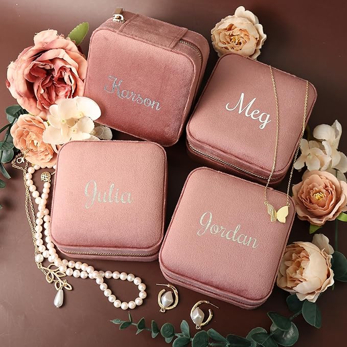 Customizable Compact Velvet Jewelry Box with Mirror, Travel Jewelry Case, Travel Jewelry Organizer, Jewelry Box for Women and Girls, Small Jewelry Organizer (Center Text, Nude Pink)