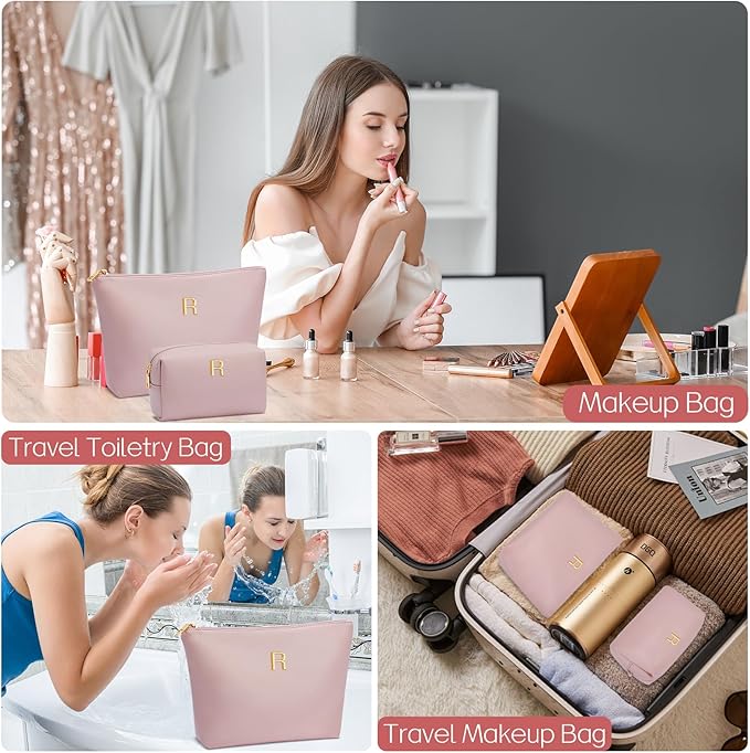 Valentine's Day Gifts for Women Girlfriend Initial Makeup Bag for Teen Girls Personalized Gifts for Friend Teacher Mom Wife Cosmetic Travel Toiletry Bag(Pink,R)