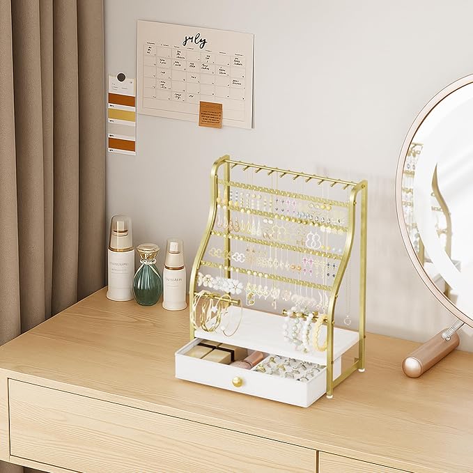 SWTYMIKI Earring Holder Organizer - Jewelry Organizer Stand with Necklace Hooks, Watch Rods, Nonwoven Drawer, Large Capacity Jewelry Display for Stud Earring Bracelet Necklace Ring, Gold