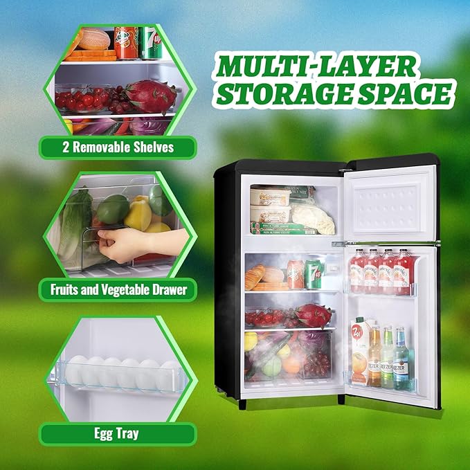 Small Refrigerator with Top Freezer 100Liter Retro Mini Fridge with Adjustable Glass Shelving, 7 Temperature Control and LED Lighting, Retro Black