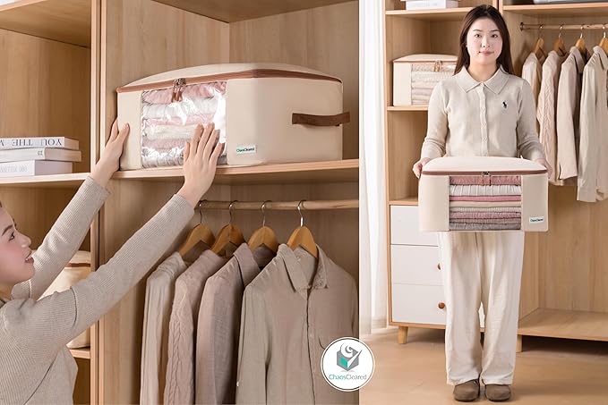 Canvas Storage Bags Designer Organizer for Clothing 2 Pack – Clothes Organizers for sweaters, clothing, garment, bedding, quilt, linens, large bag with zip & window, mothproof