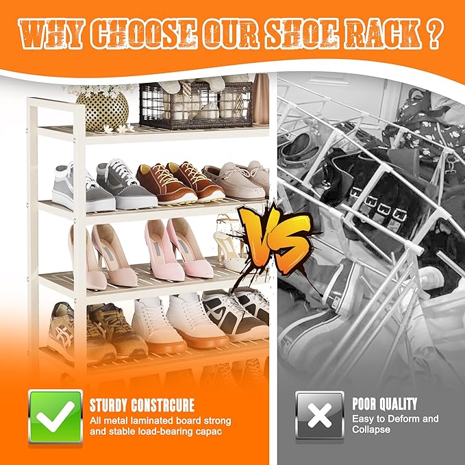 5-Tier Heavy Duty Metal Shoe Rack, 200 lbs Load Capacity Shoe Organizer with Reinforced Steel Tubes, No-Wobble Free Standing Shoe Shelf for Entryway, Closet, Bedroom, Dorm – Easy Assembly, Black