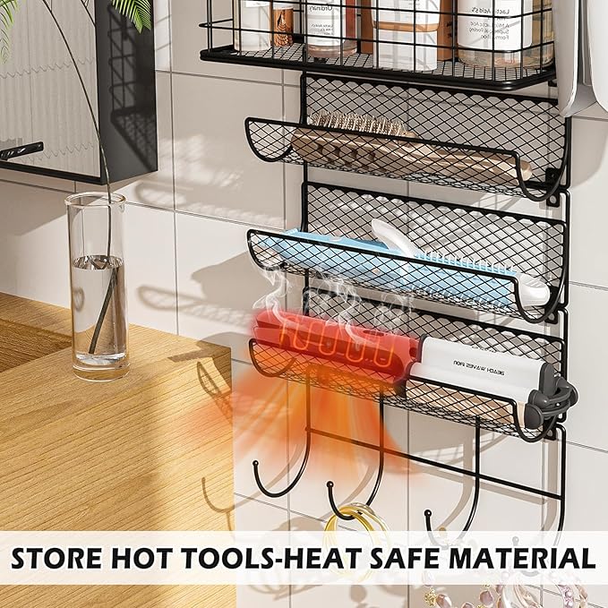 Wall-Mounted Hair Dryer Holder Styling Tool Organizer 4-Shelf Storage Wire Basket with Hook Heat Safe Rack for Hair-Straighteners,Curling Wands,Flat Iron,Perfume,Cabinet Door Bathroom Kitchen