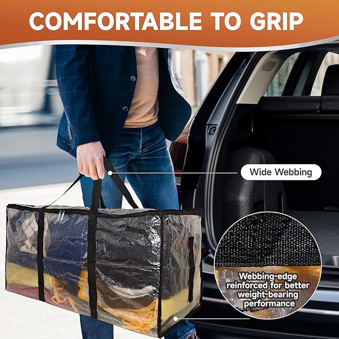 CONGREGATE 2 Pack Extra Large Moving Bags with Zippers and Carrying Handles, Heavy-Duty Storage Tote Moving Boxes for Space Saving, Semi-Transparent 97L/25.6Gal (28.7"x13.7"x15")
