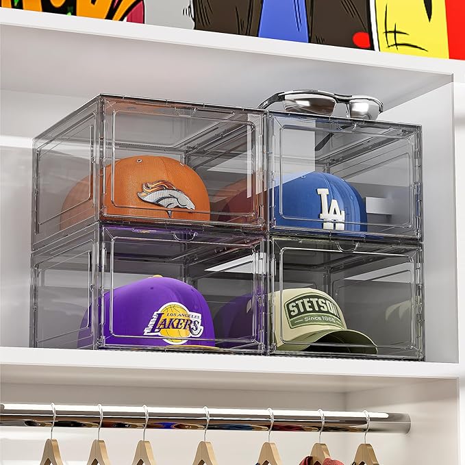 Hat Organizer Box for Baseball Caps, 4 Pack Clear Plastic Hat Storage Box Display Case with Magnetic Door, Hat Rack Holder for Closet, Snapback Organizer, Hold 8 Cap Each