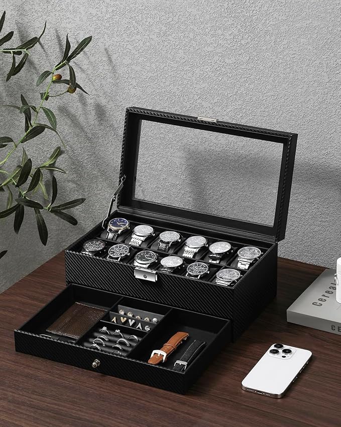 GUKA Watch Box, 12 Slot Watch Case, Watch Cases for men with Real Glass Lid, Synthetic Leather Watch Organizer storage with Jewelry Case, Birthday for Men and Women, Black, GK-012-BKCX