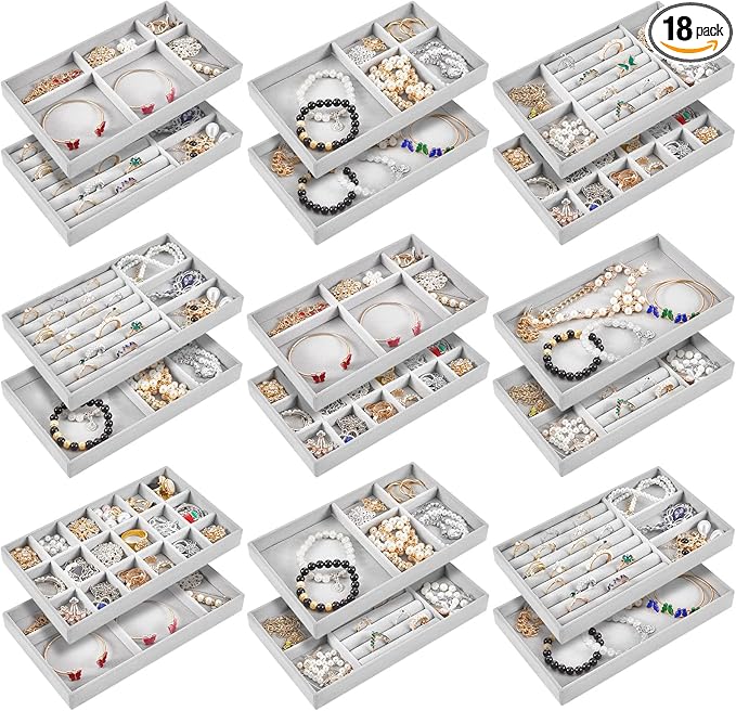 Junkin 18 Pcs Velvet Jewelry Tray Stackable Jewelry Drawer Organizer Jewellery Box Divided Display Tray for Earring Bangle(Gray)