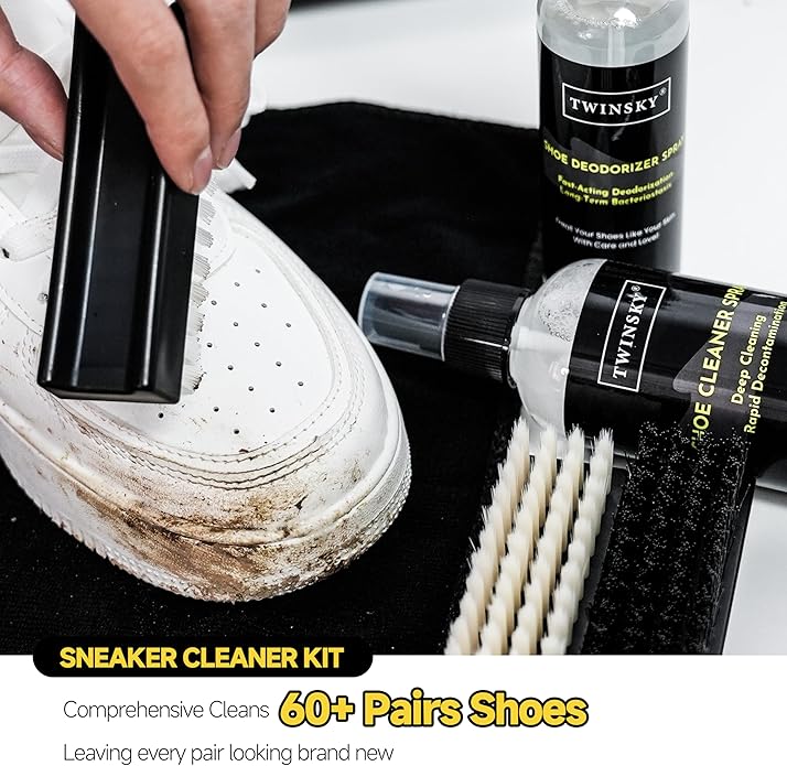 Shoe Cleaner Kit for Sneaker, Canvas, Mesh, Nubuck, Leather, Suede Cleaner, Safe 10X Potent Cleaning Kit, with Shoe Deodorizer Formula Spray for Shoe Odor Elimination, 3 Brushes, Microfiber