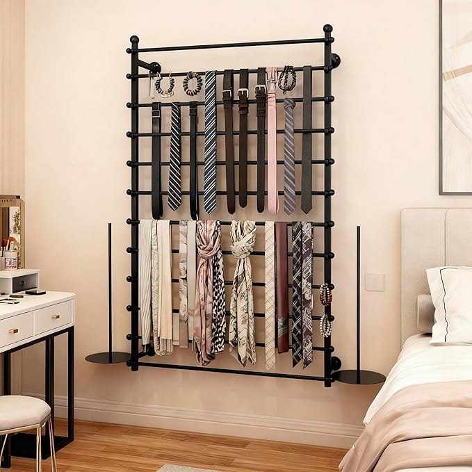 12 Layers 80cm Black Wall Display Stand Wrapping Paper Ribbon Organizer Tie Scarf Rack Belt Towel Holder Spool Hijab Stand Metal Shelving for Home, Retail Stores, Flower Shop, Studio, Sewing