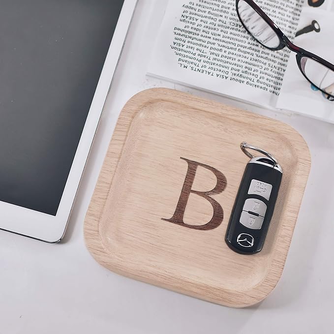 I'm Wooden Personalized Letter Catchall Valet Tray Trinket Dish Jewelry Tray Key Bowl Decorative Plate Organizing Ring Earrings Necklaces Bracelet Watch Coins Wallet Holder (6"x6" Sq Natural B)