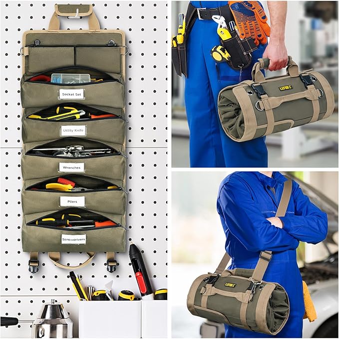 Tool Bag,Large Roll Up Tool Bag Organizer,13 Pockets Tool Roll Storage Pouch,Heavy Duty Portable Tool Storage Carrier Bag for Men,Mechanic,Electrician & Hobbyist,Olive Green