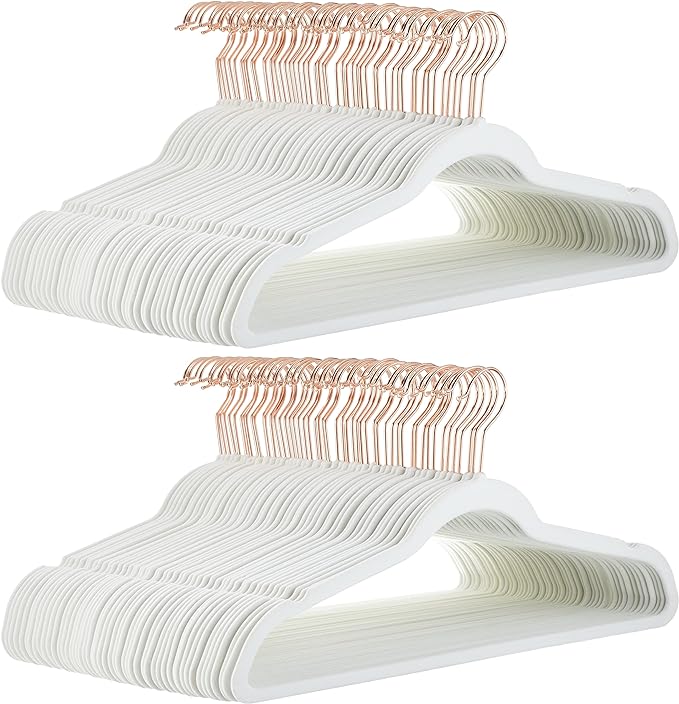 Amazon Basics Slim, Velvet, Non-Slip Suit Clothes Hangers, Ivory/Rose Gold - Pack of 100