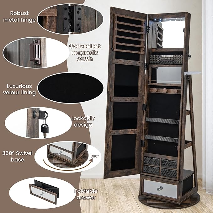 GOFLAME 360° Rotating Jewelry Cabinet with Full Length Mirror, Standing LED Mirror Jewelry Armoire, Lockable Jewelry Organizer with Hair Dryer Rack, Back Storage Shelves, Inner Makeup Mirror, Brown