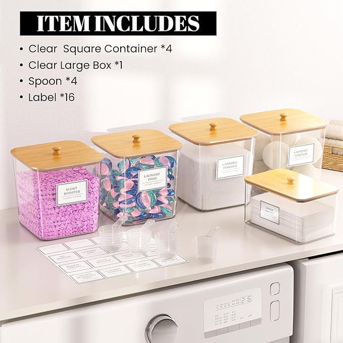 4+1 Pack Laundry Room Organization Containers,Clear Laundry Pods Container,Large Laundry Detergent Powder Storage Containers with Wooden Lids & Labels,Laundry Pods Holder for Scent Booster,Powder,Pods