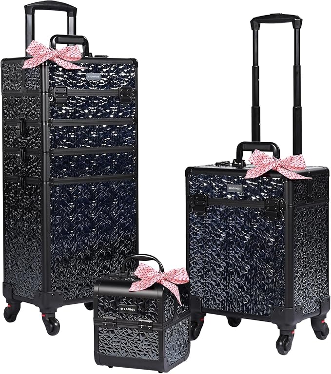 BYOOTIQUE Rolling Makeup Train Case on Wheels 3-Piece Lockable Cosmetology Organizer Kit Hair Tool Travel Bag for Lash Artist Nail Slon Beauty Studio Hairstylist Manicurist,Mermaid Black