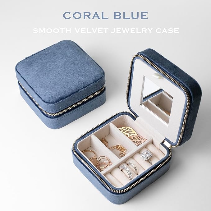 Customizable Compact Velvet Jewelry Box with Mirror, Travel Jewelry Case, Travel Jewelry Organizer, Jewelry Box for Women and Girls, Small Jewelry Organizer (Center Text, Coral Blue)