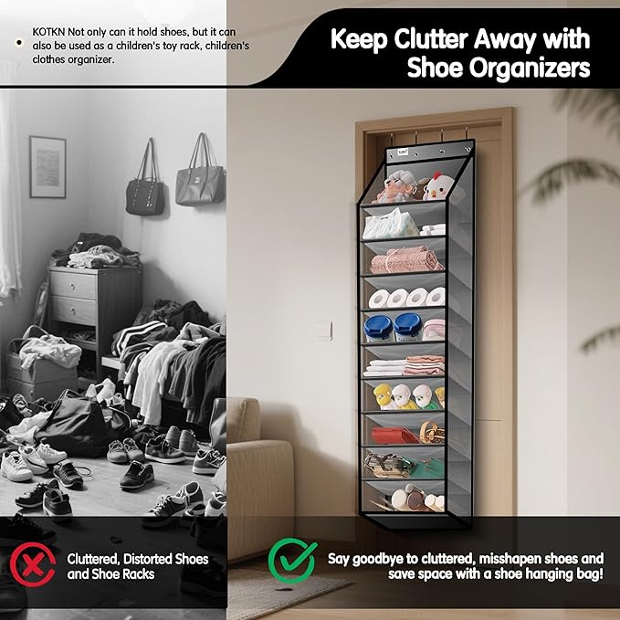 10 Tier Over The Door Organizer - Heavy Duty Hanging Storage Rack with Sturdy Oxford Fabric, Holds 20+ Pairs of Footwear, Boots & Sneakers, Saves 50% Closet Space (Gray)