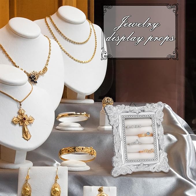 Vintage Ring Holder Rectangle Sliver Ring Display Stand Frame Earring Display Tray Anniversary Engagement Baroque Wedding Jewelry Organizer Photograph Prop for Women Christmas Gift
