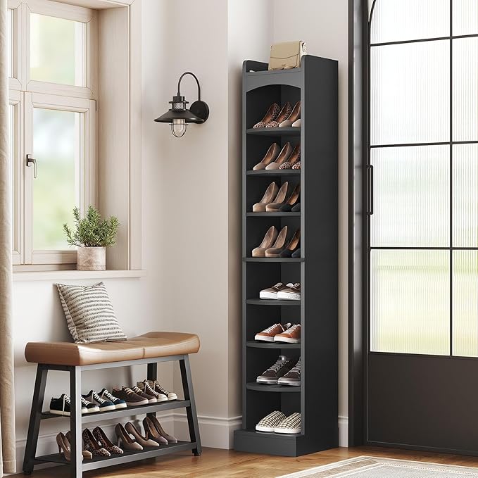9-Tier Tall Shoe Rack, Wooden Shoe Storage Organizer, Narrow Shoe Cabinet with Removable Shelves for Small Spaces, Holds 18 Pairs of Shoes, for Entrance, Hallway, Black SS02BK