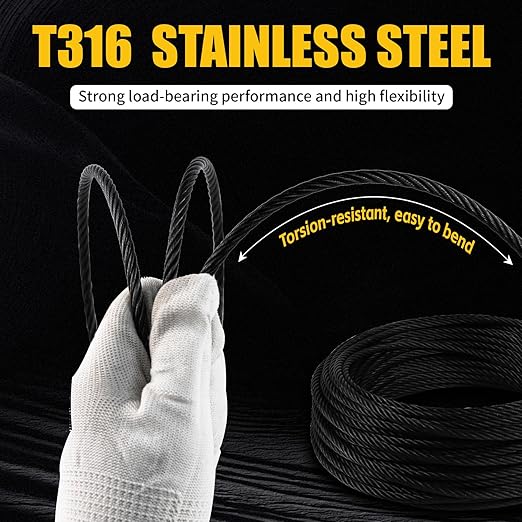 T316 Black 3/16“ Stainless Steel Cable, 250ft Wire Rope 7x19 Strands Aircraft Cable 3700lbs Breaking Strength, Wire Cable Rop for Deck Railing, String Lights, Fence, Clothesline &Yard Zipline