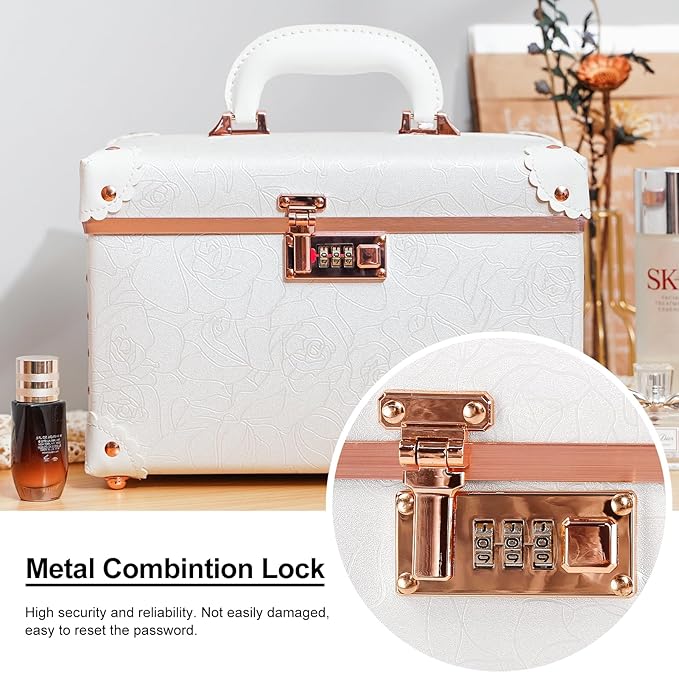 urecity Vintage Makeup Train Case with Rose Gold Hardware, White Embossed Pattern, Combination Lock Security, Portable Cosmetic Storage Box with Handle