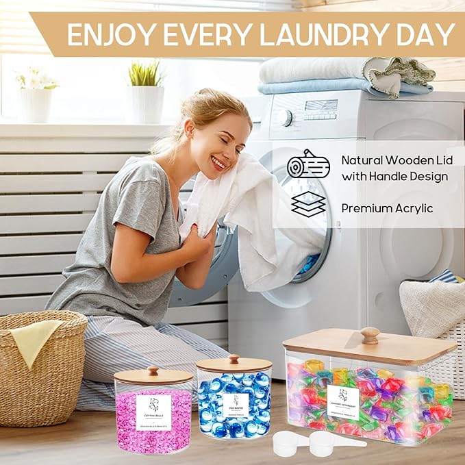 3 Pack Laundry Room Organization Storage Containers, Clear Large Laundry Detergent Powder Storage Containers with Wooden Lids & 16 Labels,Laundry Pods Holder for Scent Booster,Powder,Pods