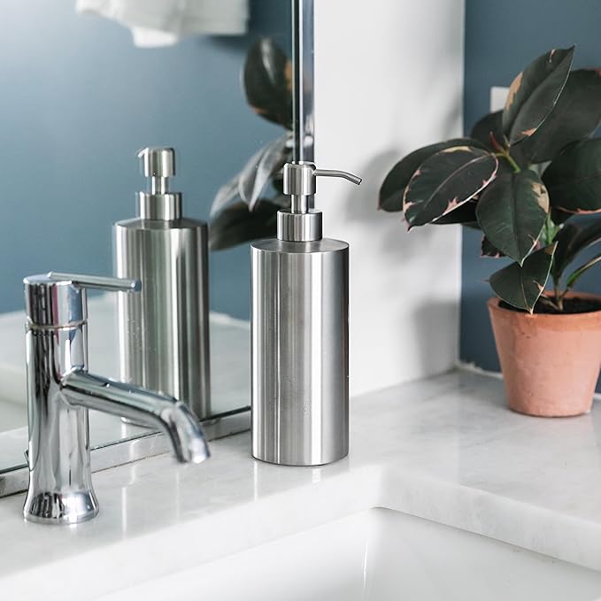 Silver Soap Dispenser for Kitchen & Bathroom – 15 oz Refillable Resin Pump Bottle for Dish Soap, Hand Soap, Shampoo, Conditioner – Modern Countertop Dispenser with Non-Slip Protective Pads