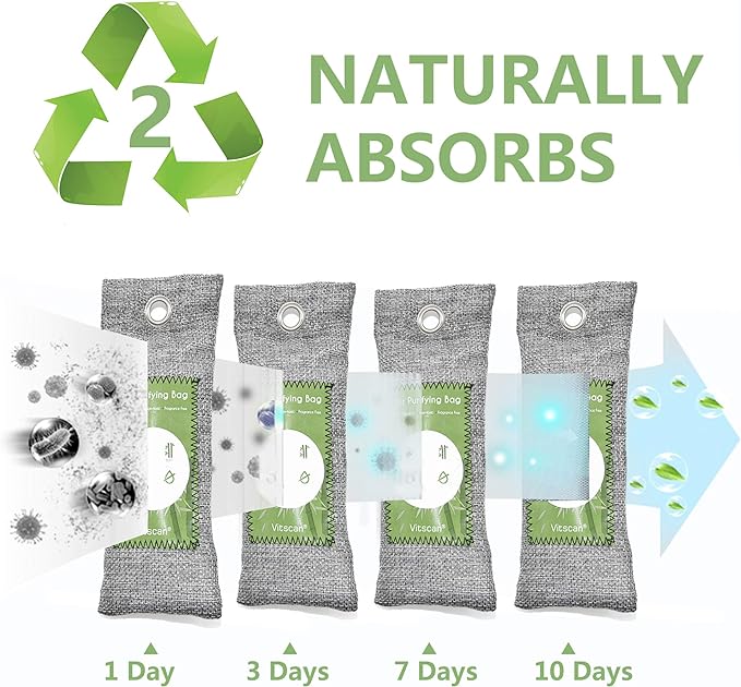 12 Pack Bamboo Charcoal Air Purifying Bag, Activated Charcoal Bags Odor Absorber, Moisture Absorber, Natural Car Air Freshener, Shoe Deodorizer, Odor Eliminators For Home, Pet, Closet (8x50g, 4x200g)