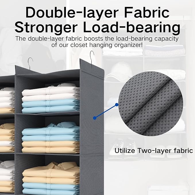 Dual-Row Hanging Closet Organizer – Foldable Clothes Storage Shelves with 3 Hooks, Space-Saving Wardrobe Organizer for Dorm Rooms, Bedroom or Closet (Grey, 4 Tier)