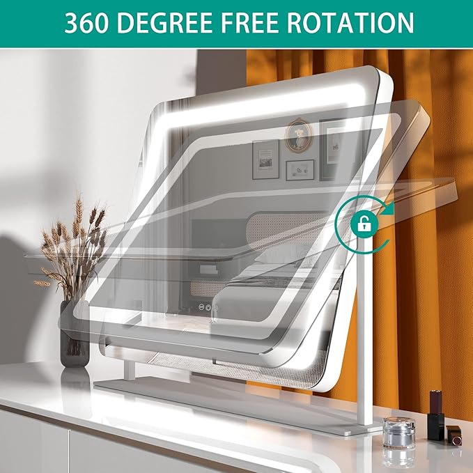 Hasipu Vanity Mirror with Lights, 24.2" x 18.9" LED Make up Mirror, Light up Mirror with 10X Magnification and USB Charging Port, Phone Holder, Smart Touch 3 Colors Dimmable, 360° Rotation (White)