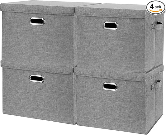 SNWDN 4 Pack Collapsible Fabric Storage Bins with Lids Fabric storage box with lids for closet organizers and storage (grey 14.6x10.6x10.2 inches)