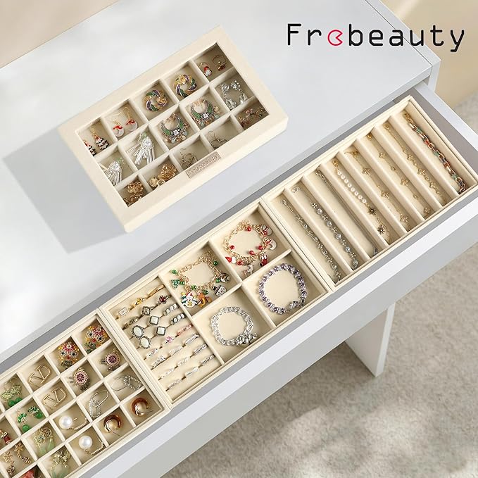 Frebeauty Stackable Jewelry Trays,Velvet Jewelry Organizer for Drawer,5-in-1 Jewelry Storage Box with Lid,Vanity Jewelry Display for Earrings Necklaces Rings,10.5 x 6.5 x 5.55 Inches,Gift for Women