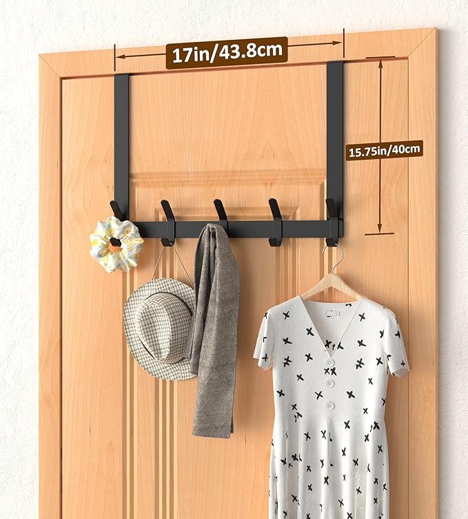 Long Over The Door Hooks Hanger with 15.75" Arms for Easier Access by Shorter, J16U, Perfectly Fits US Standard 1 3/4-inch Doors, Towel Rack Bathroom Organizer Holder, Rustproof, Black