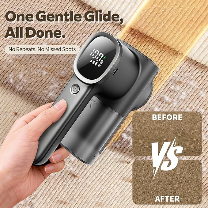 Rechargeable Fabric Shaver & Lint Remover, Electric Sweater Defuzzer with 3 Speeds, 6 Leaf Blades, LED Display & Type-C Fast Charging, Lint Shaver for Clothes, Furniture, Sweater, Couch