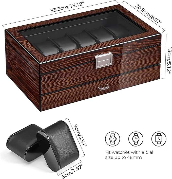 BEWISHOME High-End Watch Box, 12-Slot Watch Case with Large Glass Lid, 2-Layer Wooden Watch Box for Men, Watch Organizer Watch Storage Holder for Men Brown SSH02Y
