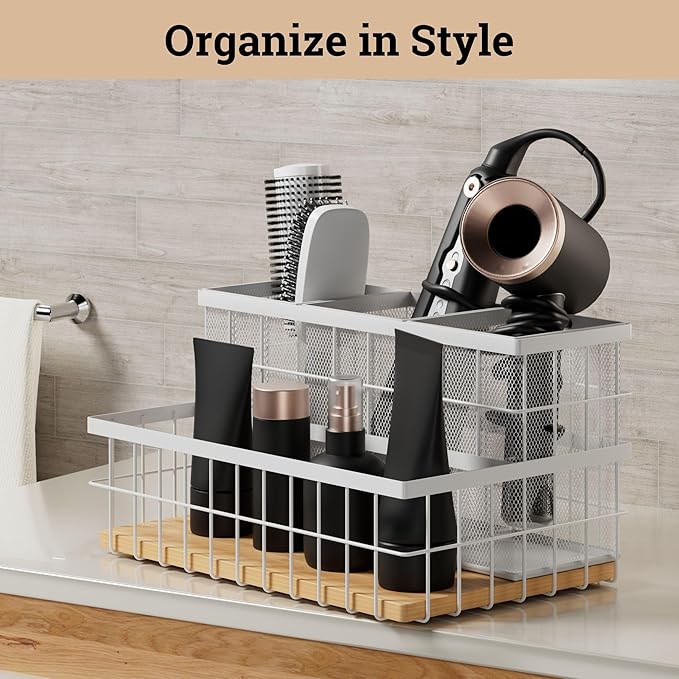 Hair Tool Organizer Countertop - Breathable Metal & Bamboo Hot Tools Organizer for Vanity - Hot Hair Tools Organizer Under Sink - Bathroom Hair Dryer Holder Countertop - Brush and Comb Holder Vanity