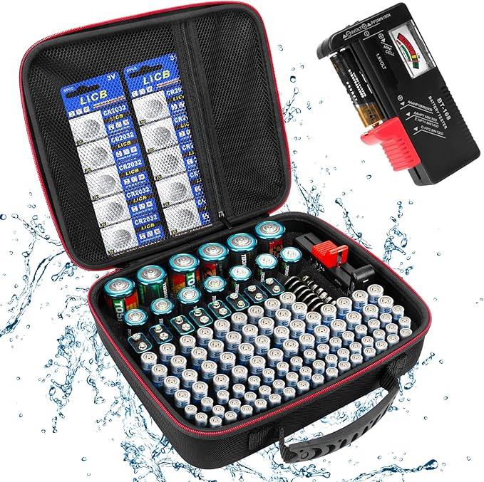 Battery Organizer Storage Case with Tester BT168, Hard Battery Daddy Storage Organizer Box Holds 148 Batteries AA AAA C D 9V Button Cell, Batteries Holder, Waterproof Batteriess Vault Box