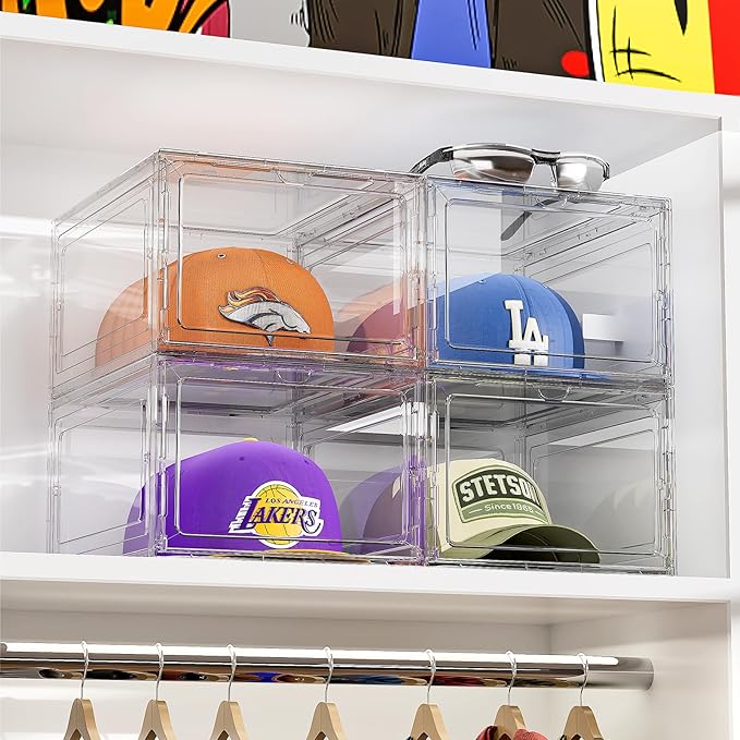 Hat Organizer Box for Baseball Caps, 6 Pack Plastic Hat Storage Display Case with Magnetic Door, Hat Holder Rack for Closet, Snapback Organizer, Hold 8 Caps Each